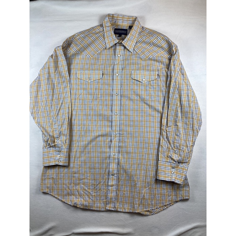 Panhandle Western Shirt‎ XXL Yellow Blue Plaid Pearl Snap Long Sl Cowboy SMN2S